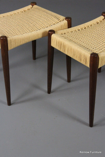 Pair Danish Teak Paper Cord Stools - Kernow Furniture