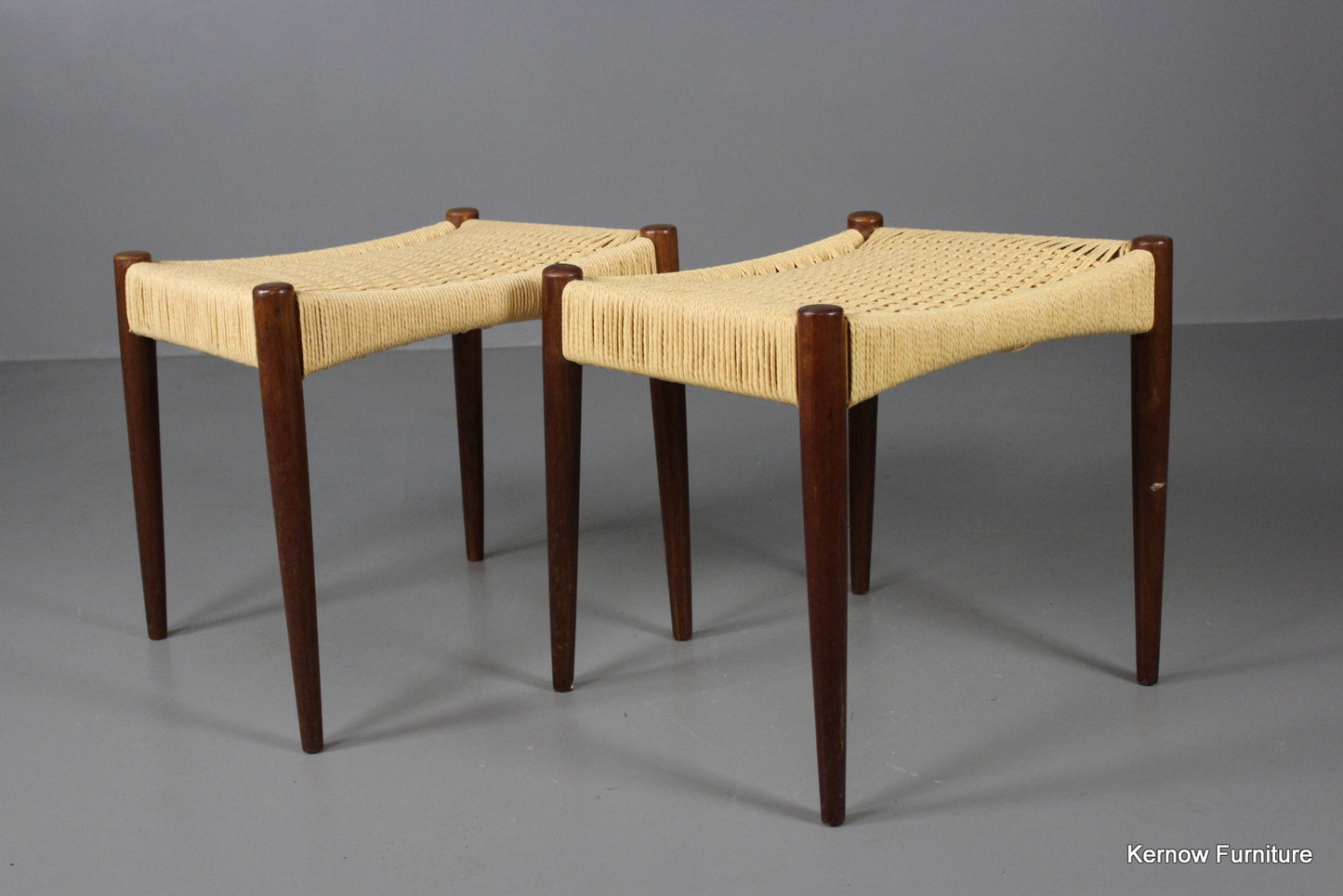 Pair Danish Teak Paper Cord Stools - Kernow Furniture