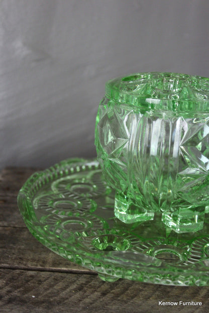 Vintage Green Glass Posy Bowl & Cake Stand - Kernow Furniture