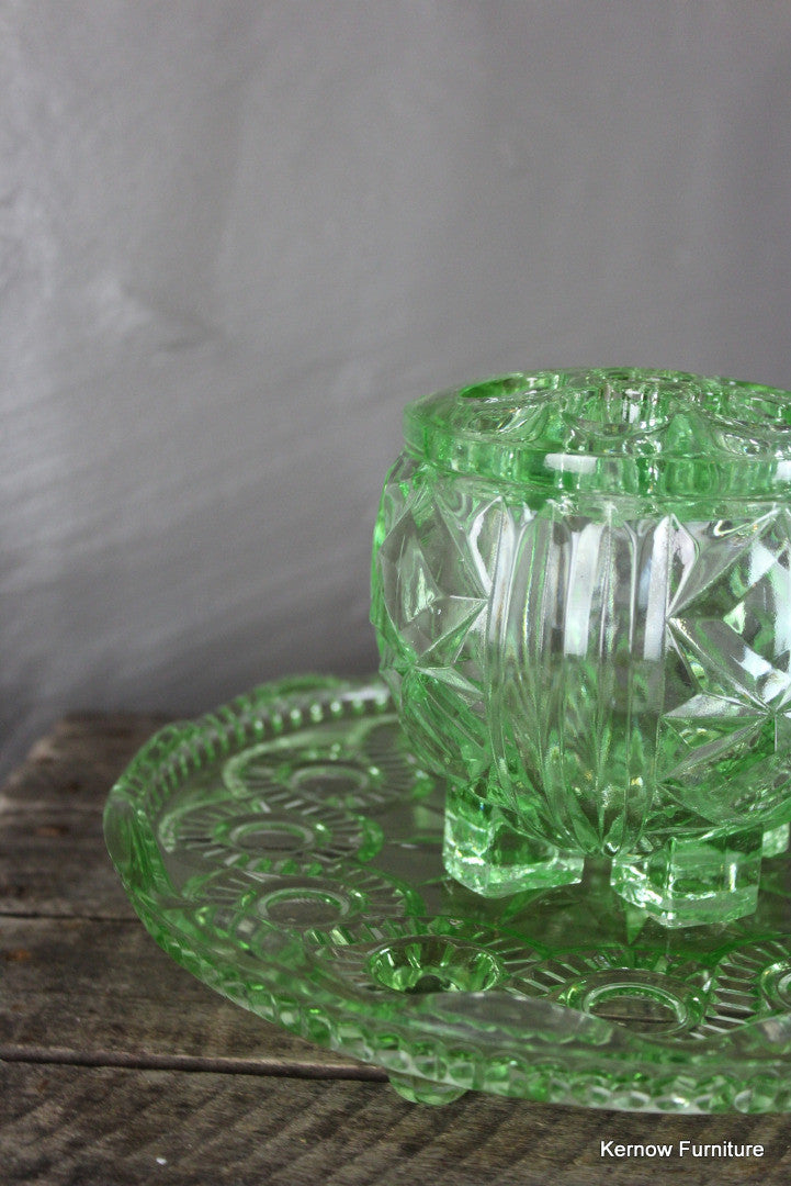 Vintage Green Glass Posy Bowl & Cake Stand - Kernow Furniture