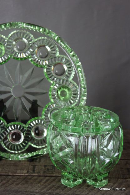 Vintage Green Glass Posy Bowl & Cake Stand - Kernow Furniture