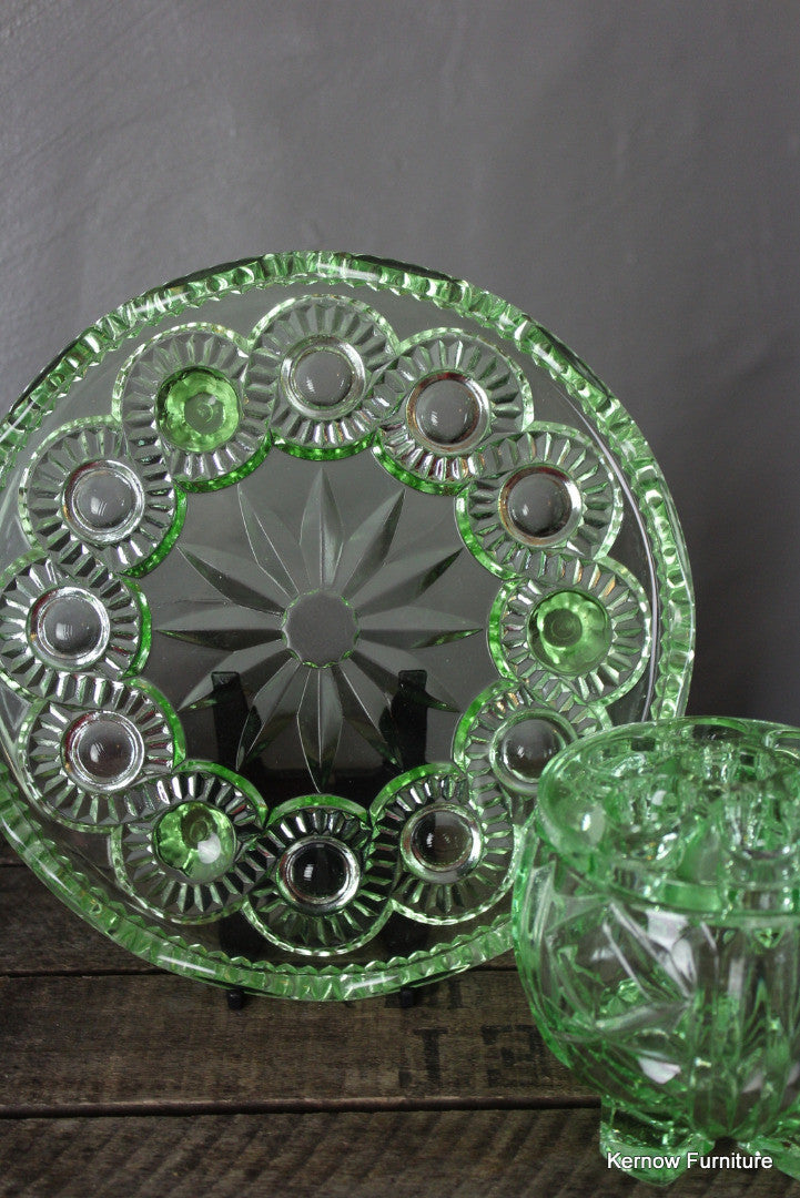 Vintage Green Glass Posy Bowl & Cake Stand - Kernow Furniture