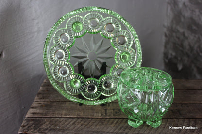 Vintage Green Glass Posy Bowl & Cake Stand - Kernow Furniture