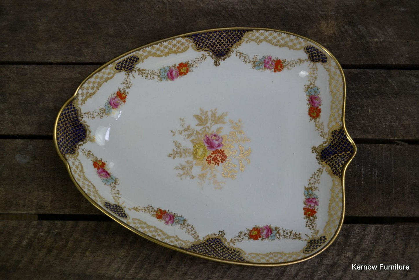 Wedgwood Leaf Shape Serving Dish Floral Blue & Gilt X3848 - Kernow Furniture