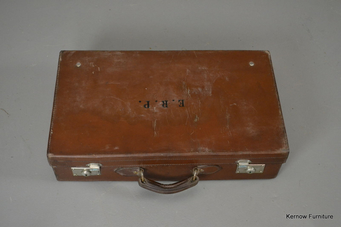 Antique Brown Leather Suitcase & Cover - Kernow Furniture