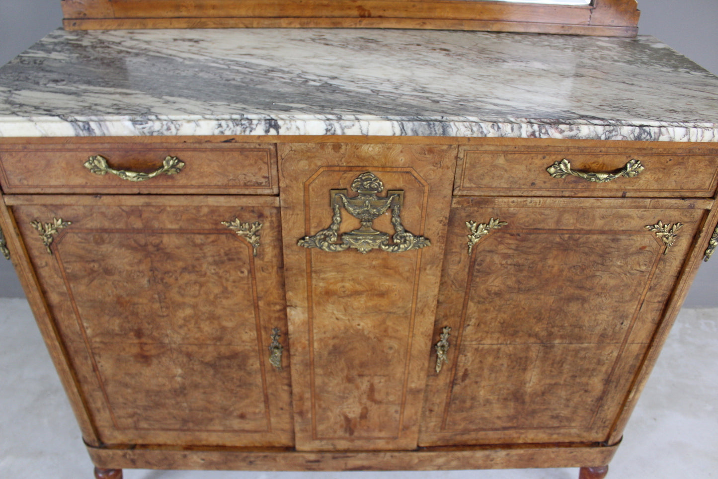 Antique French Burr Walnut & Marble Sideboard - Kernow Furniture