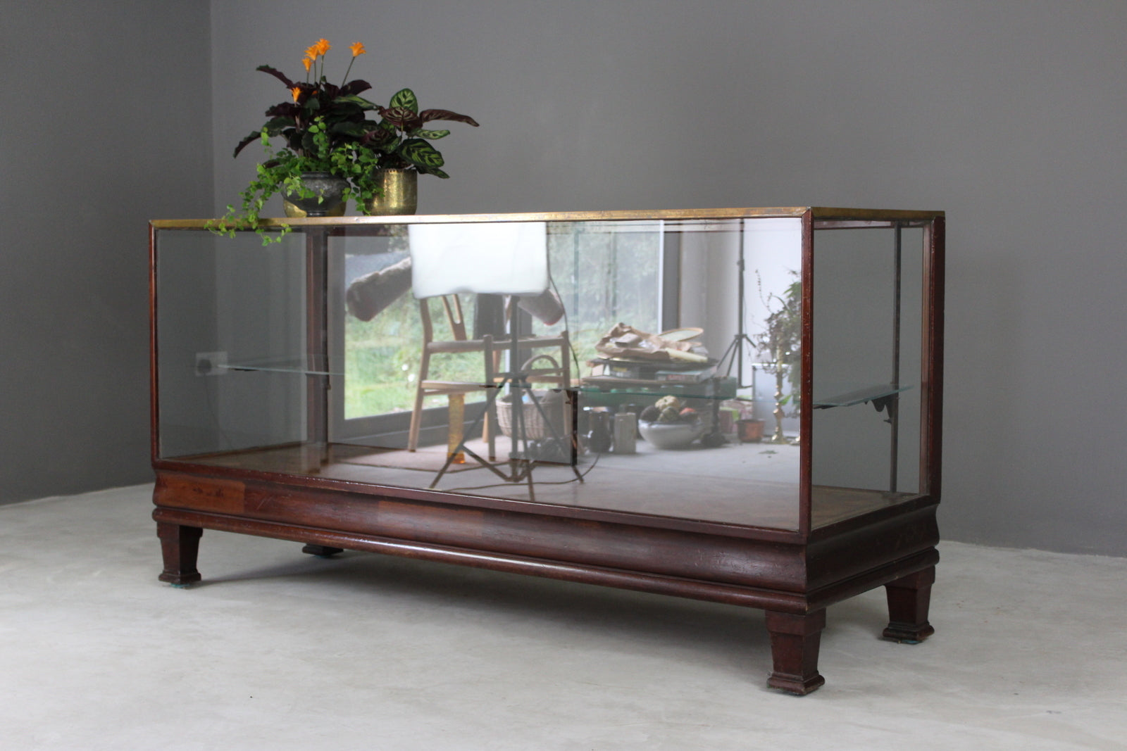 Antique Brass Bound Glazed Haberdashery Shop Counter - Kernow Furniture