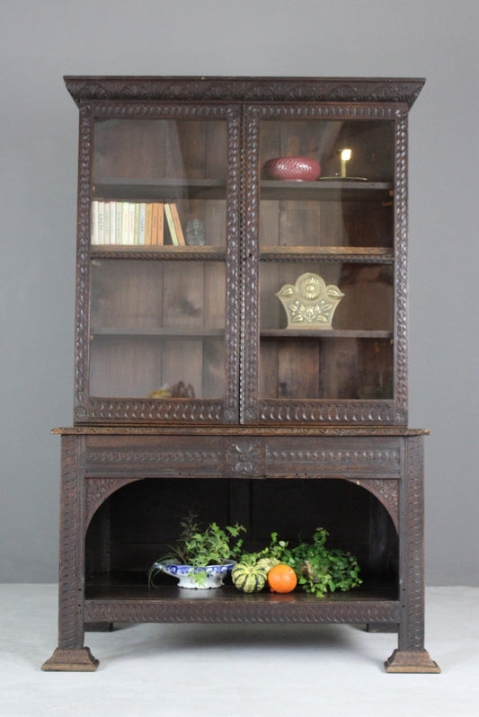 Victorian Carved Dark Oak Glazed Bookcase - Kernow Furniture