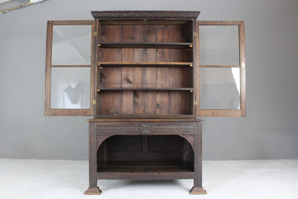 Victorian Carved Dark Oak Glazed Bookcase - Kernow Furniture