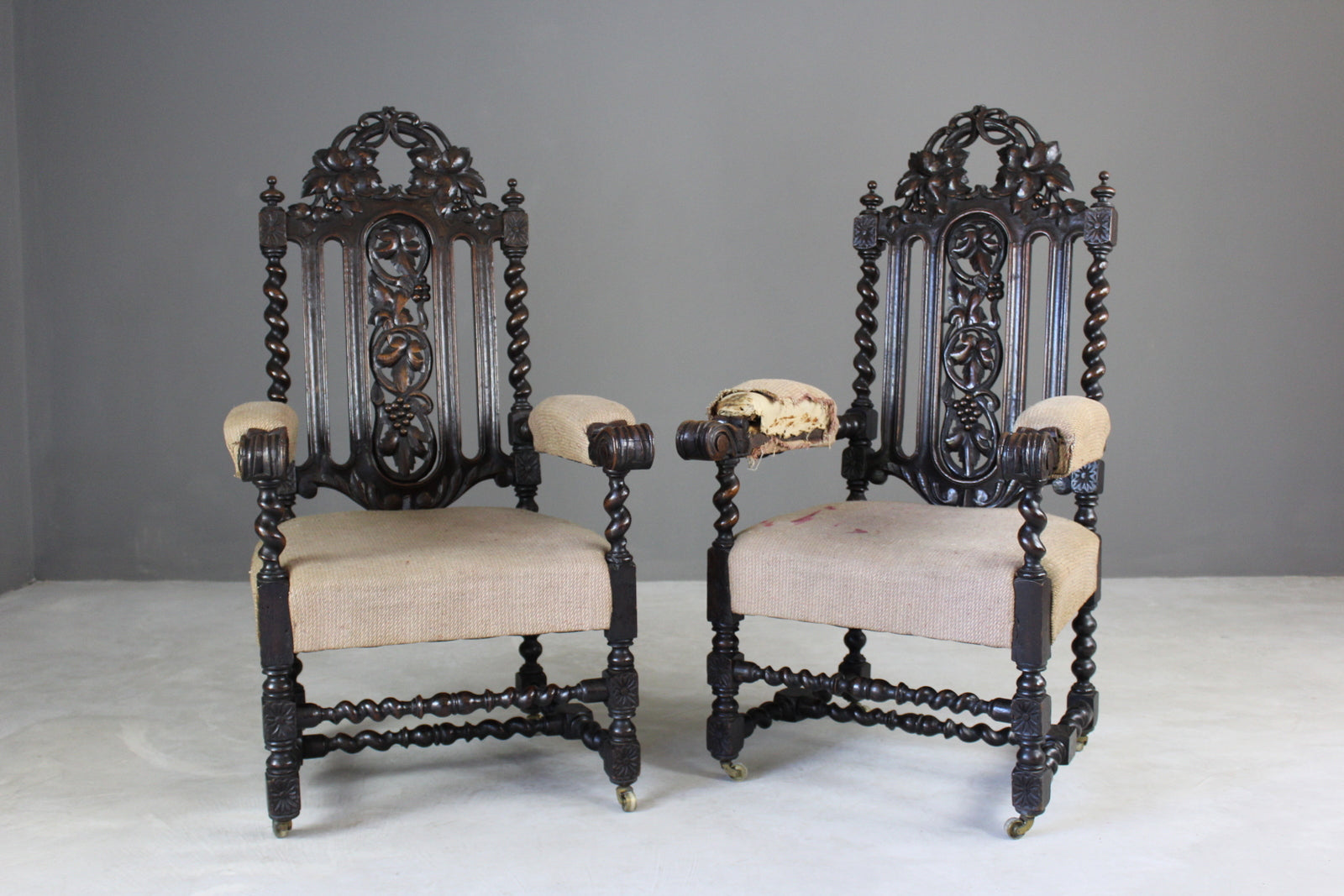 Pair Victorian Carved Oak Throne Chairs - Kernow Furniture