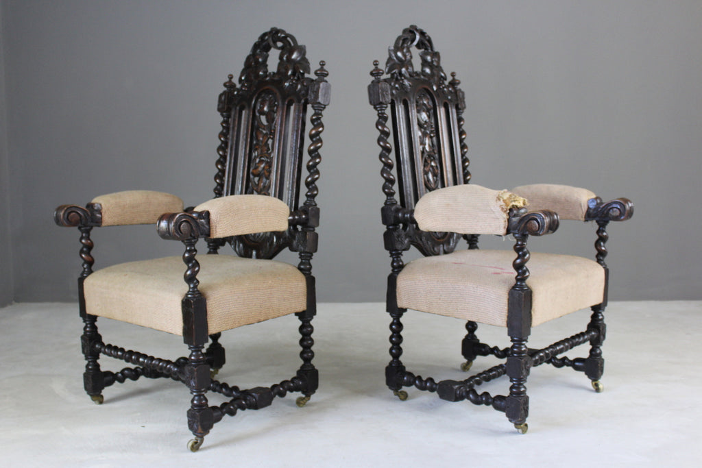 Pair Victorian Carved Oak Throne Chairs - Kernow Furniture