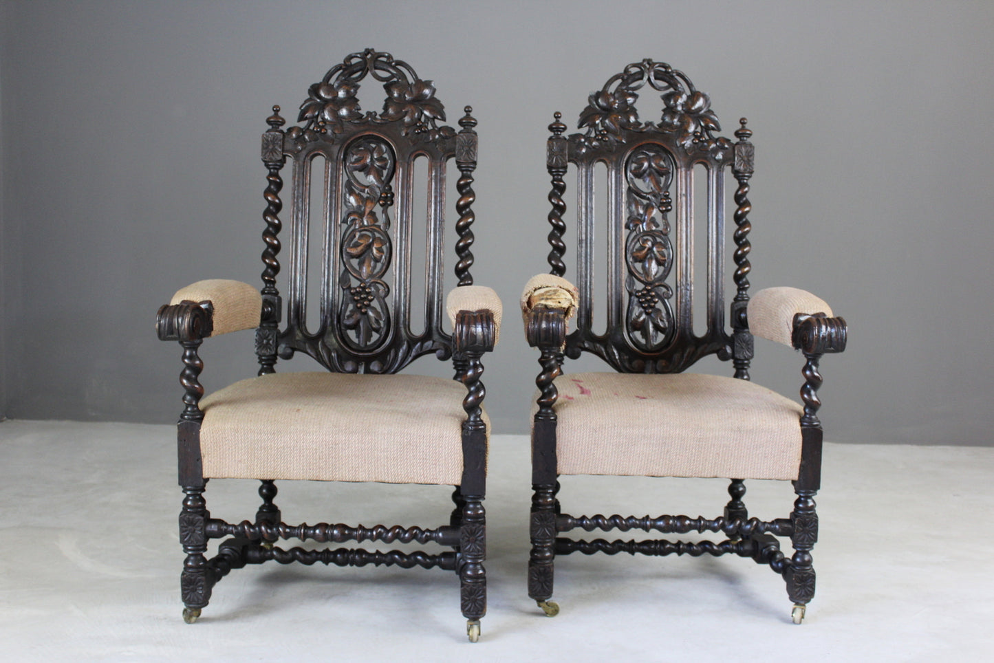 Pair Victorian Carved Oak Throne Chairs - Kernow Furniture