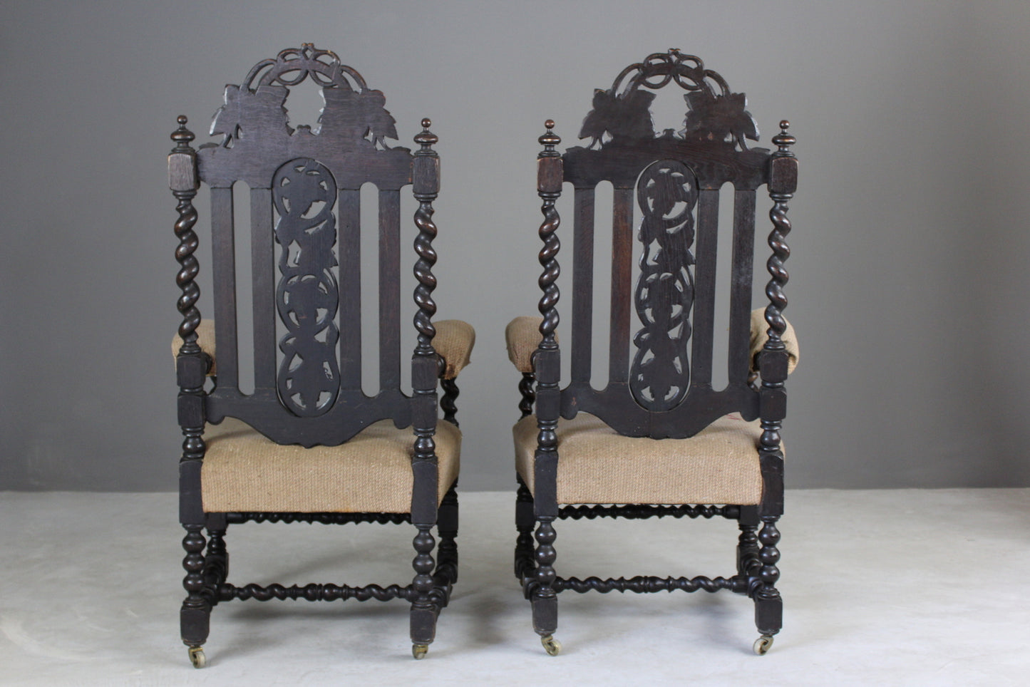 Pair Victorian Carved Oak Throne Chairs - Kernow Furniture