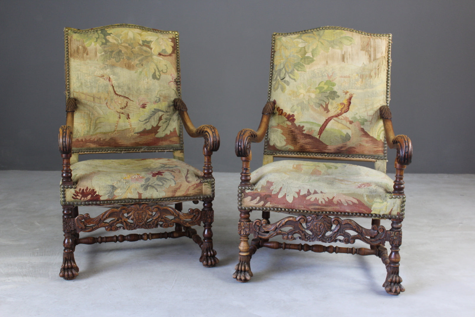 Pair French Carved Oak Throne Chairs - Kernow Furniture