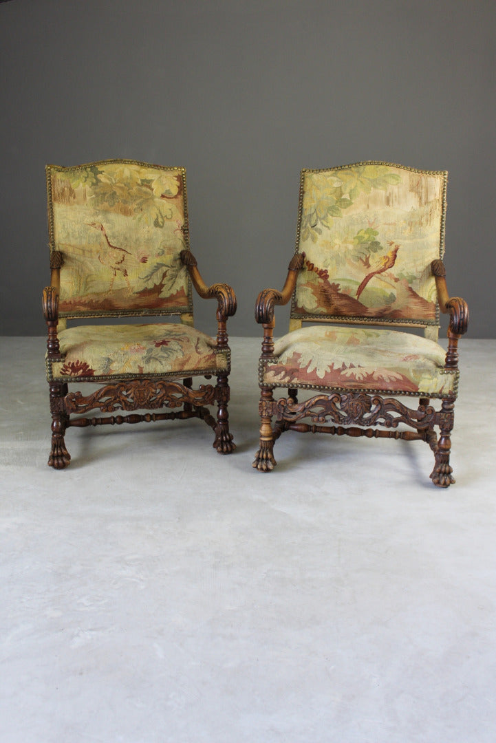 Pair French Carved Oak Throne Chairs - Kernow Furniture