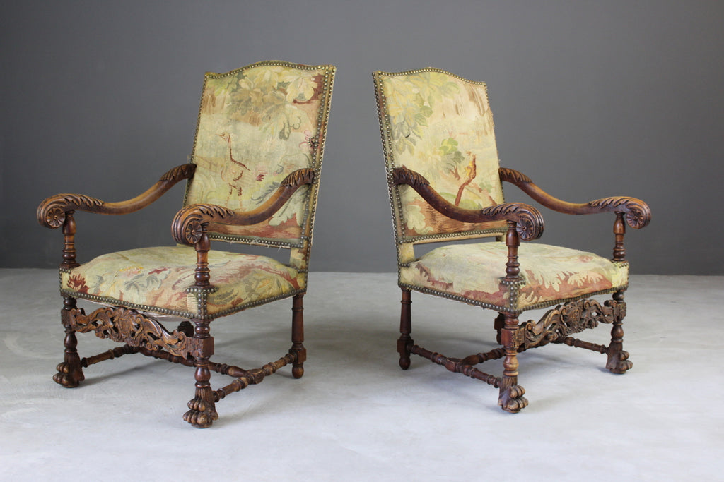 Pair French Carved Oak Throne Chairs - Kernow Furniture