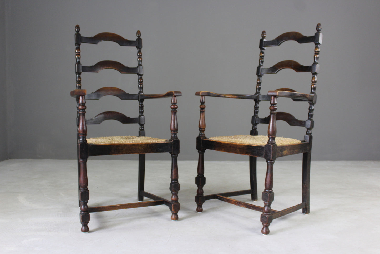 Pair Oak Ladderback Carver Chairs - Kernow Furniture