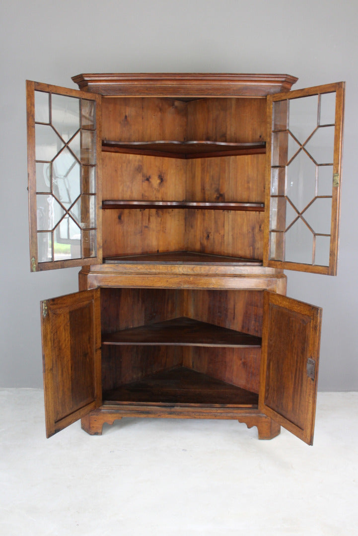 Antique Oak Astragal Glazed Corner Cabinet - Kernow Furniture