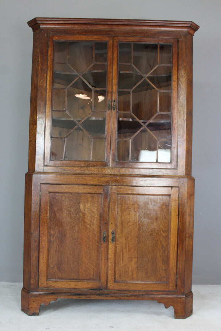 Antique Oak Astragal Glazed Corner Cabinet - Kernow Furniture