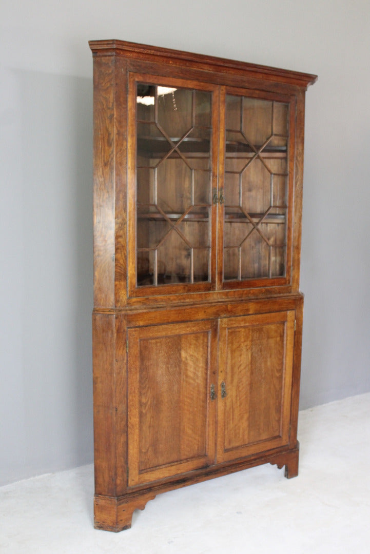 Antique Oak Astragal Glazed Corner Cabinet - Kernow Furniture