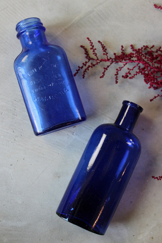Pair Blue Glass Bottles - Kernow Furniture