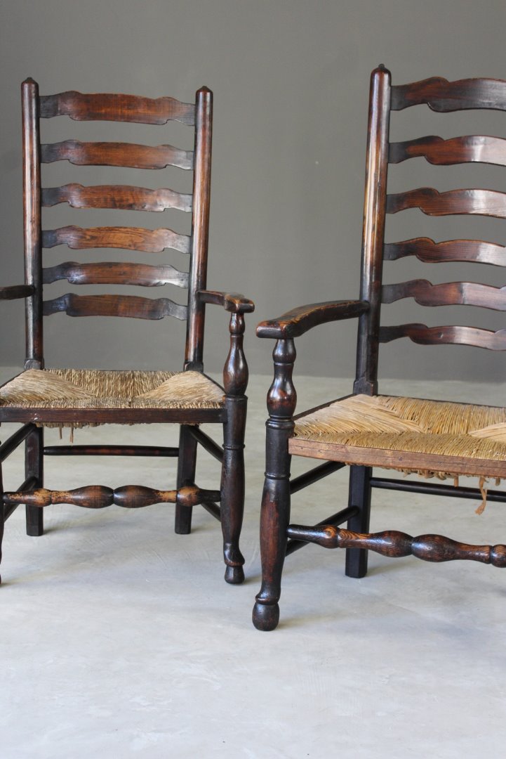 Pair Antique Elm Ladderback Carver Chairs - Kernow Furniture