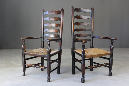 Pair Antique Elm Ladderback Carver Chairs - Kernow Furniture