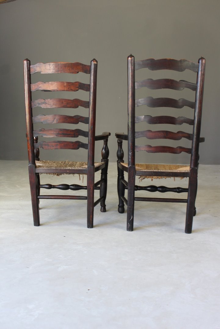 Pair Antique Elm Ladderback Carver Chairs - Kernow Furniture