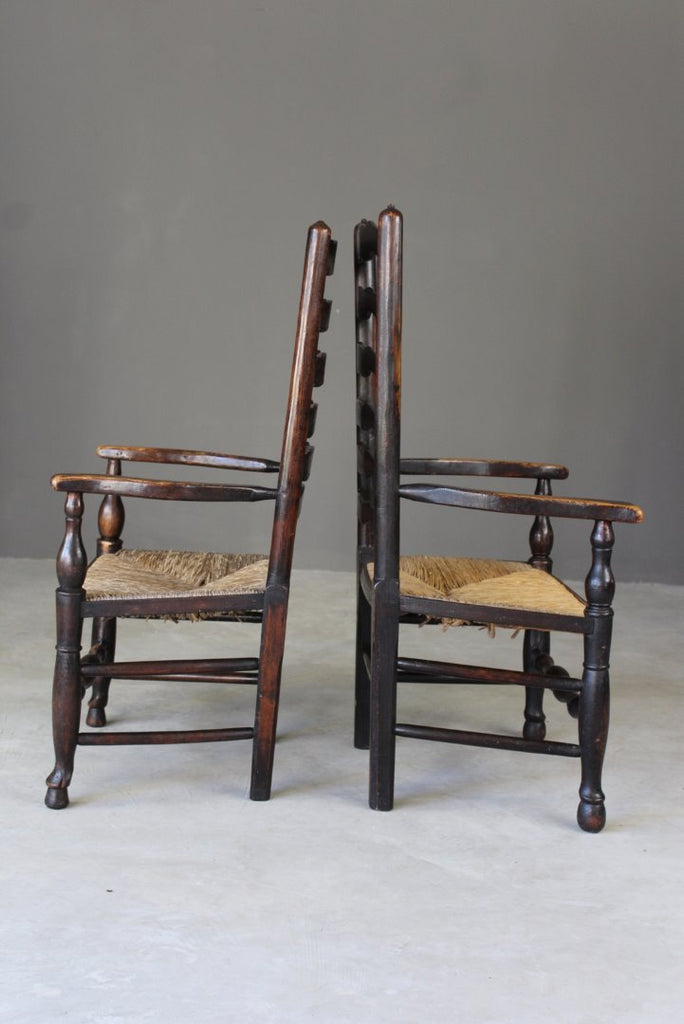 Pair Antique Elm Ladderback Carver Chairs - Kernow Furniture