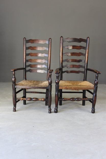 Pair Antique Elm Ladderback Carver Chairs - Kernow Furniture