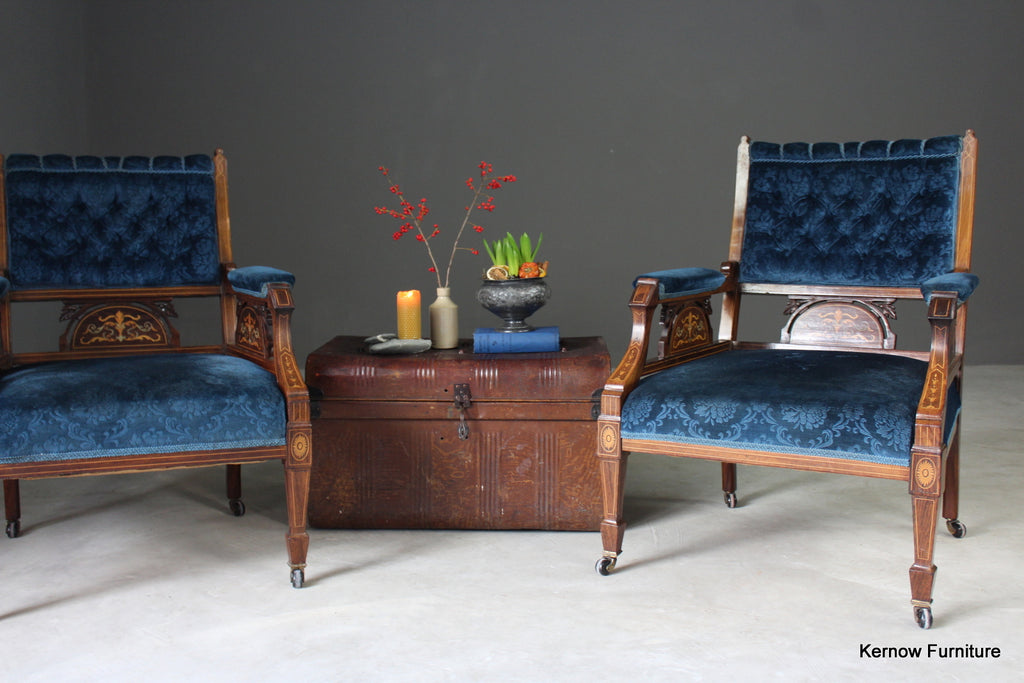 Pair Antique Upholstered Rosewood Armchairs - Kernow Furniture