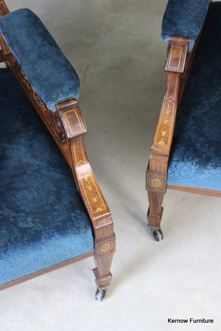 Pair Antique Upholstered Rosewood Armchairs - Kernow Furniture