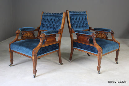 Pair Antique Upholstered Rosewood Armchairs - Kernow Furniture