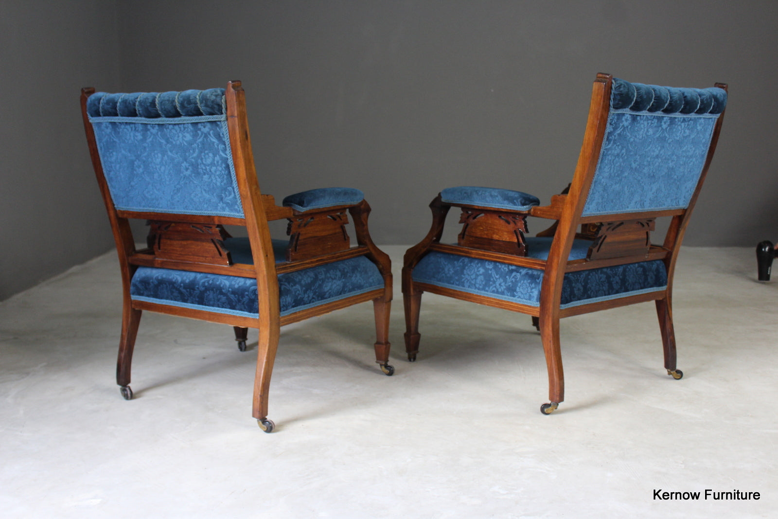 Pair Antique Upholstered Rosewood Armchairs - Kernow Furniture