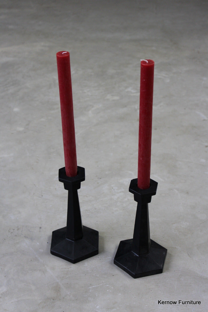 Pair Black Glass Deco Candlesticks - Kernow Furniture