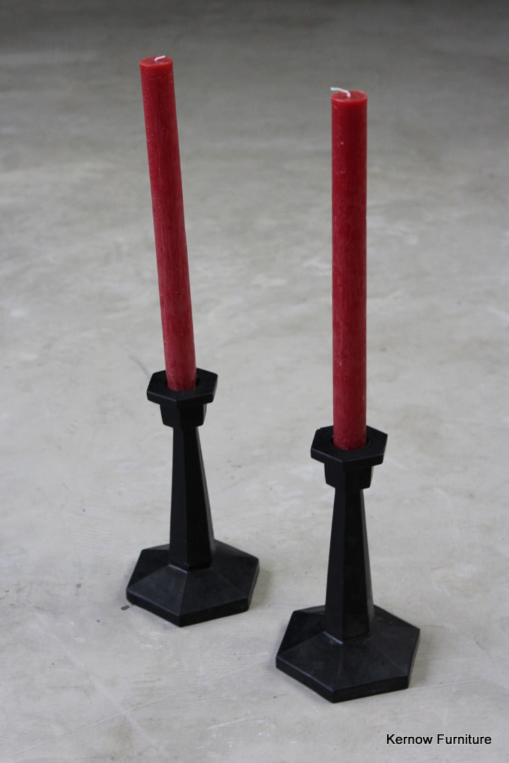 Pair Black Glass Deco Candlesticks - Kernow Furniture