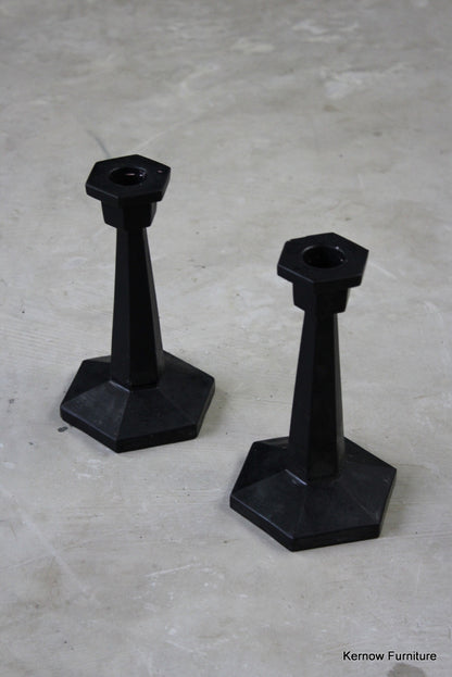 Pair Black Glass Deco Candlesticks - Kernow Furniture