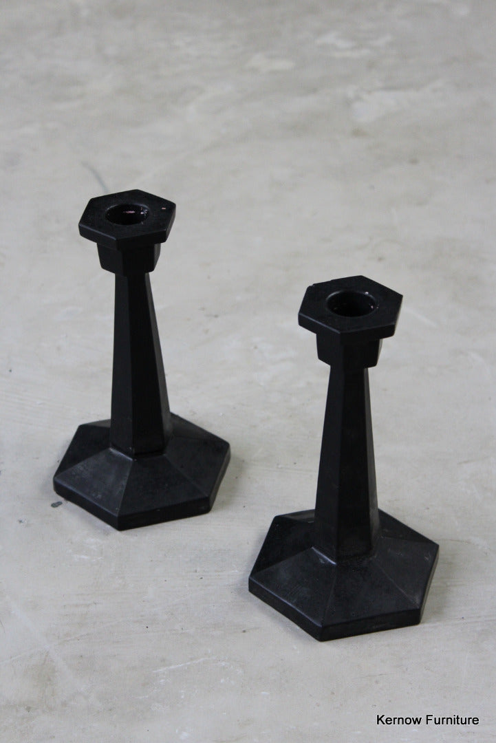 Pair Black Glass Deco Candlesticks - Kernow Furniture