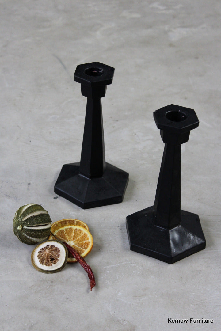 Pair Black Glass Deco Candlesticks - Kernow Furniture