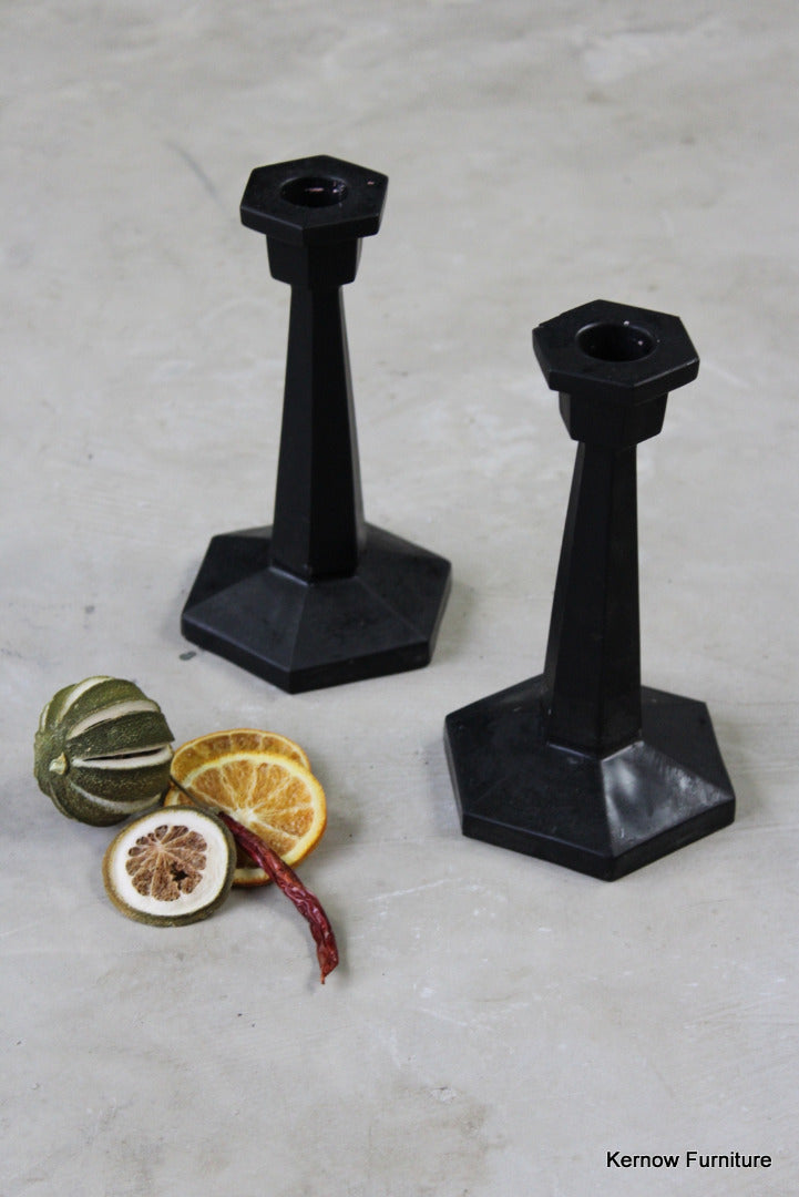 Pair Black Glass Deco Candlesticks - Kernow Furniture