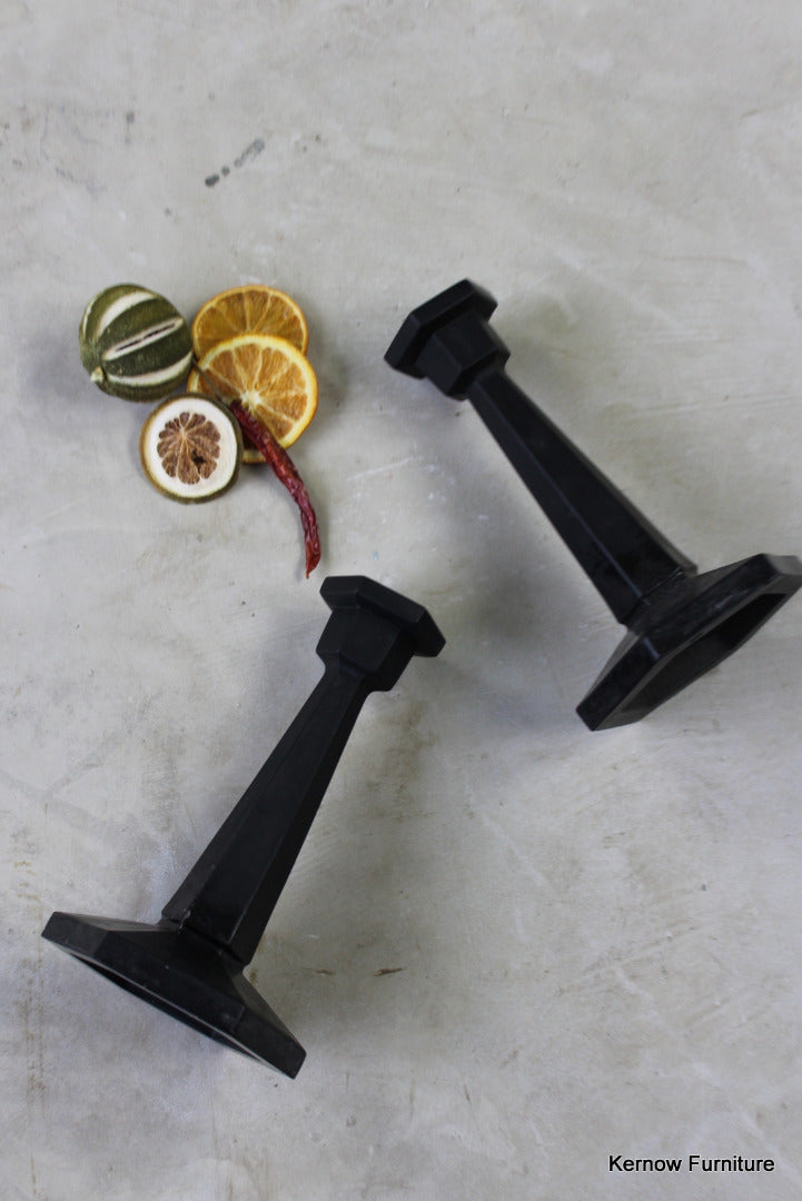 Pair Black Glass Deco Candlesticks - Kernow Furniture