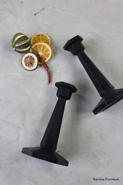 Pair Black Glass Deco Candlesticks - Kernow Furniture