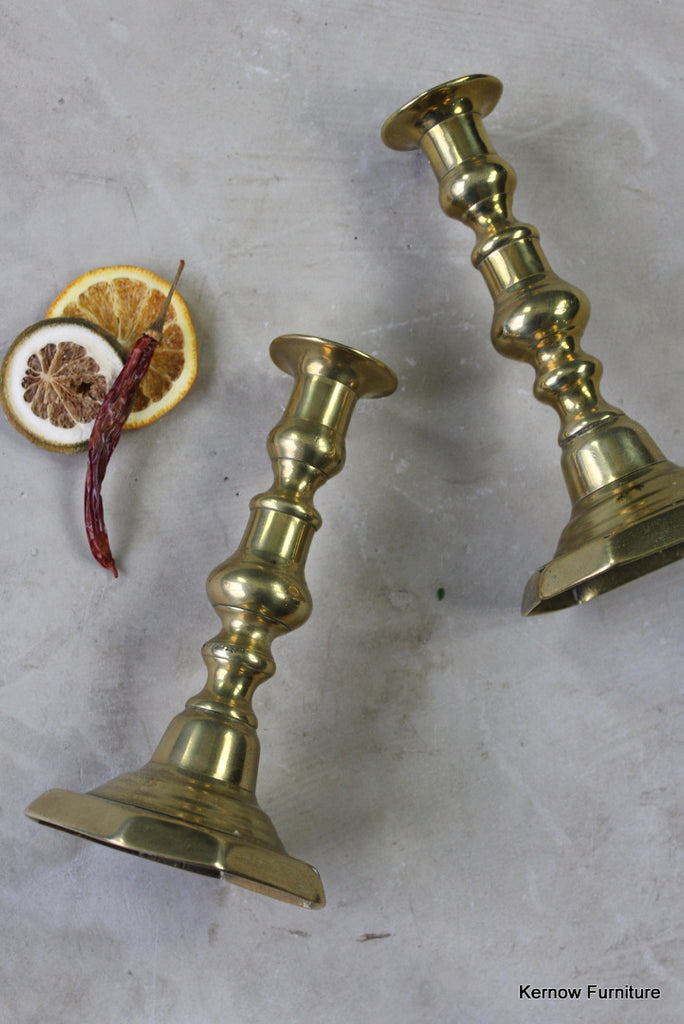 Pair Victorian Brass Candlesticks - Kernow Furniture