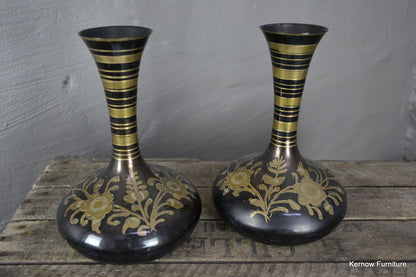 Pair Asian Etched Brass Vase - Kernow Furniture