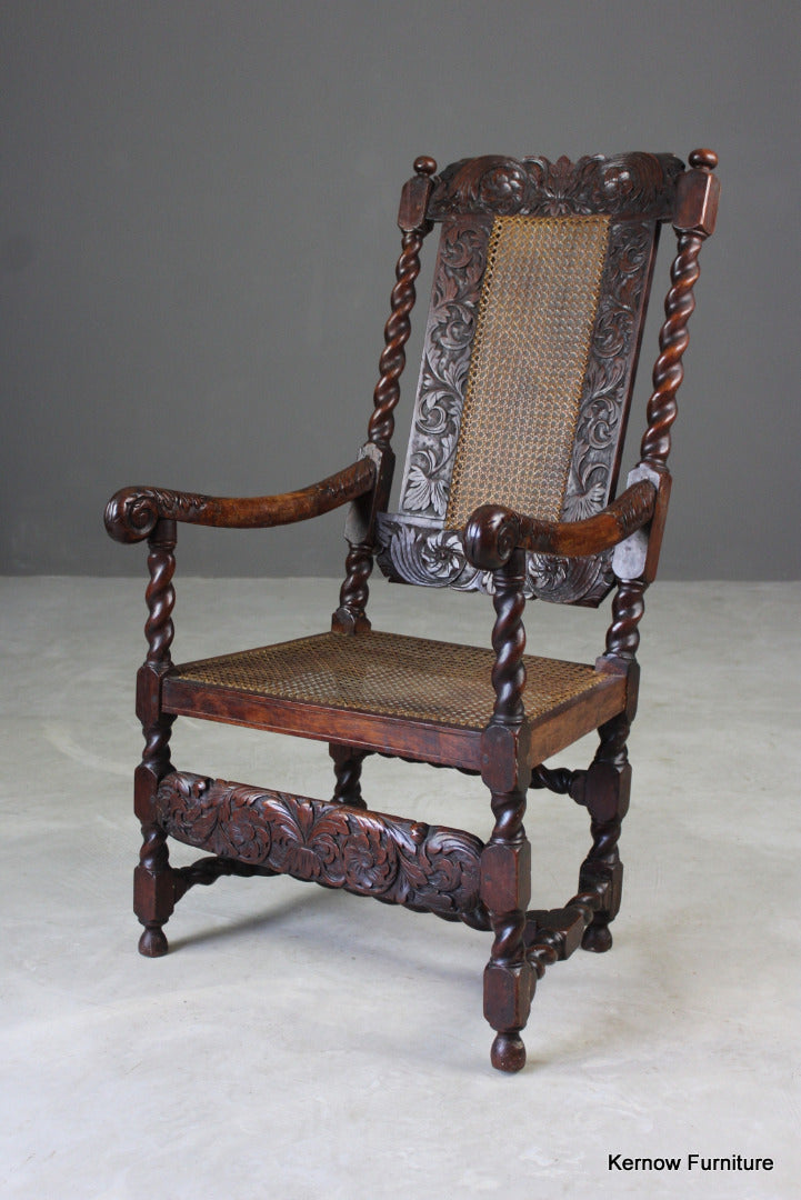 Antique Carved Oak Open Arm Chair - Kernow Furniture