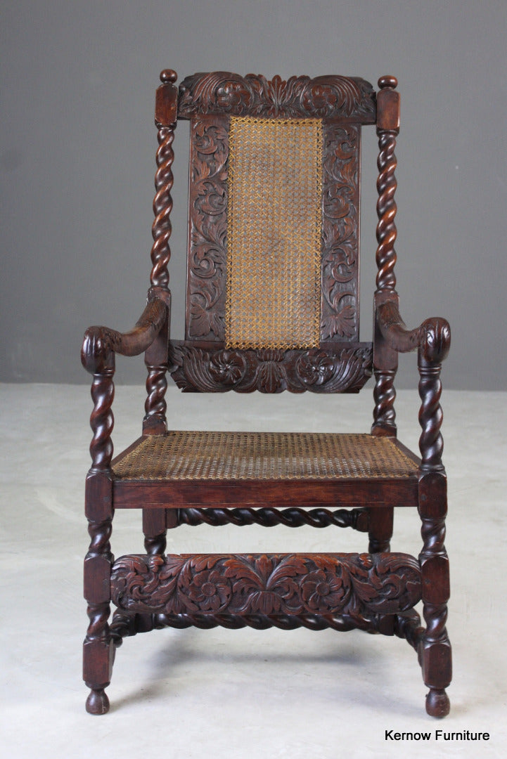 Antique Carved Oak Open Arm Chair - Kernow Furniture