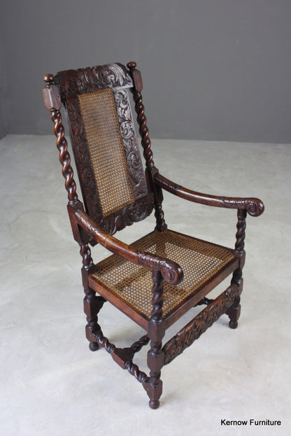 Antique Carved Oak Open Arm Chair - Kernow Furniture