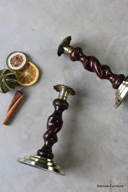 Pair Oak & Brass Barley Twist Candlesticks - Kernow Furniture