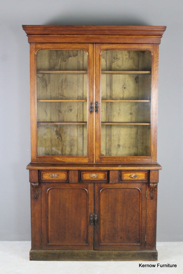 Antique Oak Glazed Bookcase - Kernow Furniture