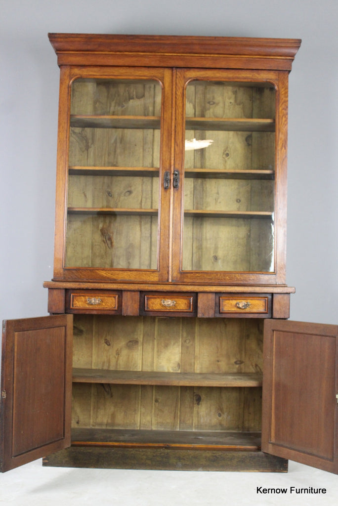 Antique Oak Glazed Bookcase - Kernow Furniture